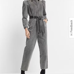 Express Puff Sleeve Tie Waist Gray Wash Denim Jumpsuit